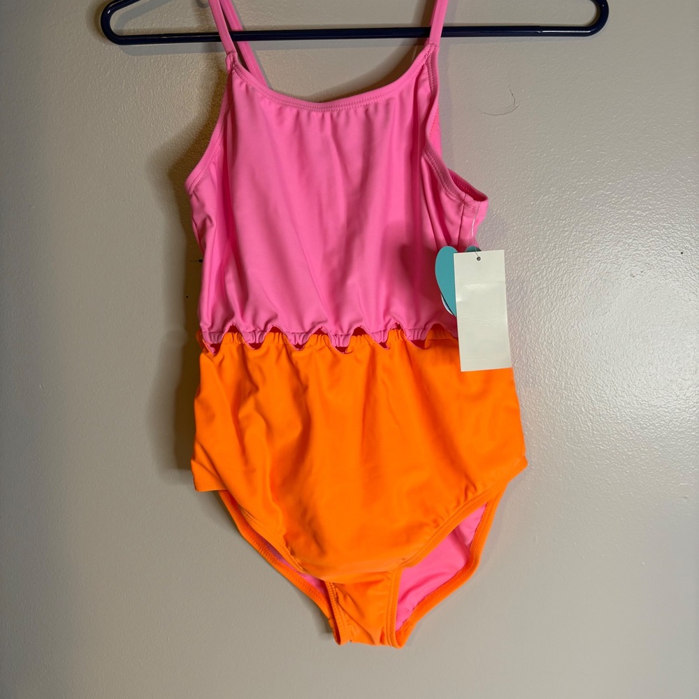Breaking Waves‎ Girl 16 Neon Pink Orange Colorblock Cutout One Piece Swimsuit